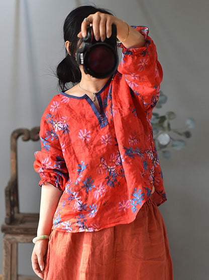 Women Ethnic Spring Flower Print V-Neck Shirt LL060