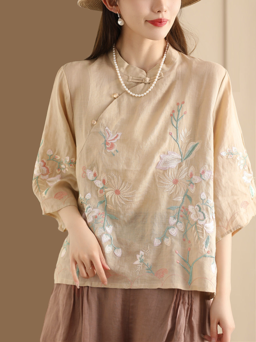 Women Vintage Floral Embroidery Ramie Stand Collar Shirt WE1038