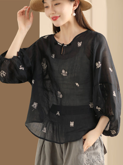 Women Summer Vintage Flower Embroidery Ramie Shirt AA1042