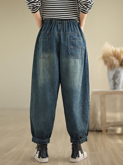 Women Casual Pockets Washed Denim Harem Pants AT1003