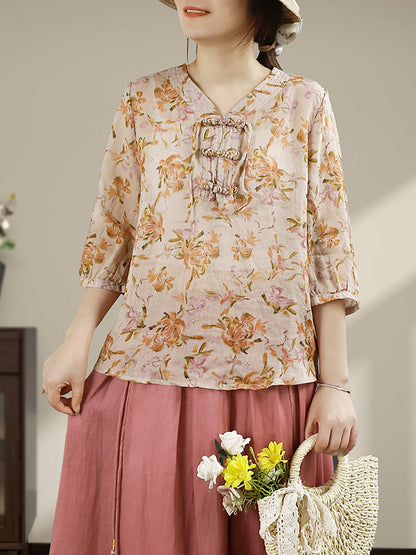 Women Summer Vintage Flower Buckle V-Neck Ramie Shirt HH014