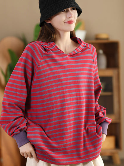 Women Casual Autumn Stripe Colorblock Hooded Sweatshirt AI1025