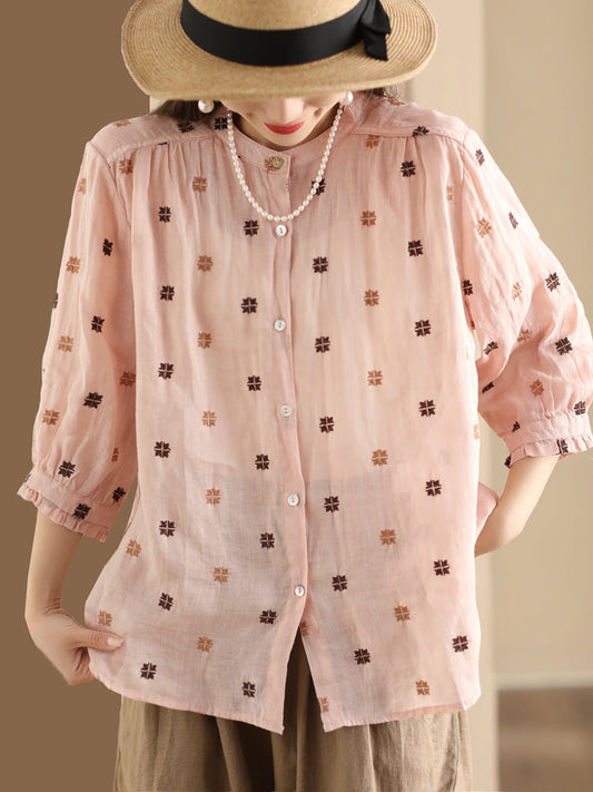 Women Spring Floral Embroidery Linen Button-Up Shirt CO1010