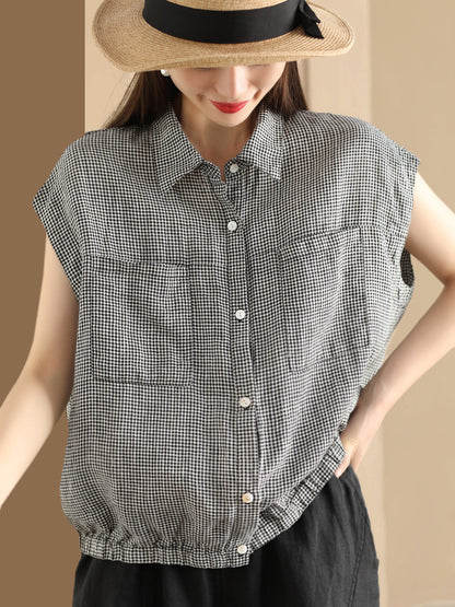 Women Summer Casual Plaid Button-up Linen Shirt HH013