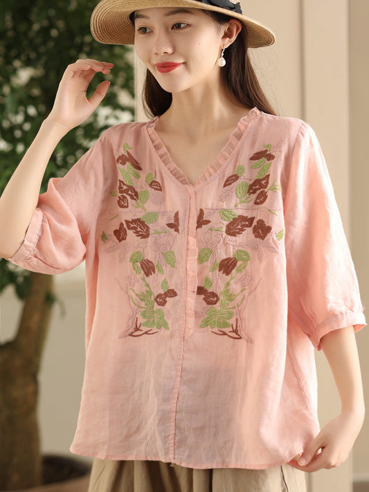 Chemise d'été vintage en ramie avec broderie florale pour femme FD044