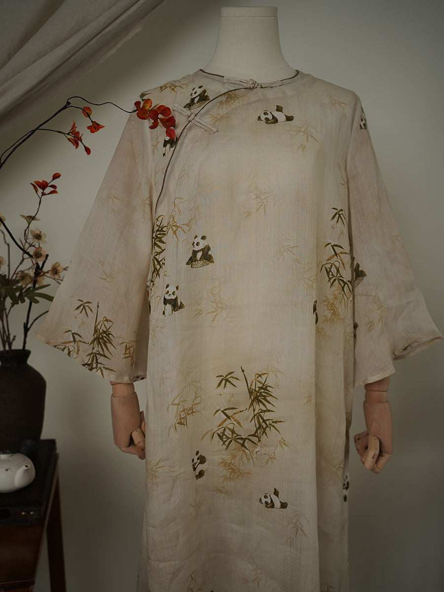 Robe d'été ethnique en lin à imprimé panda et bambou pour femme XX1055