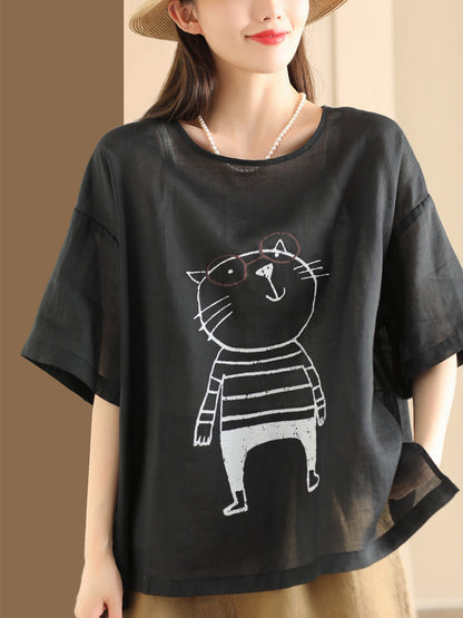 Women Summer Cartoon Cat Print Ramie Pullover Shirt OO1034