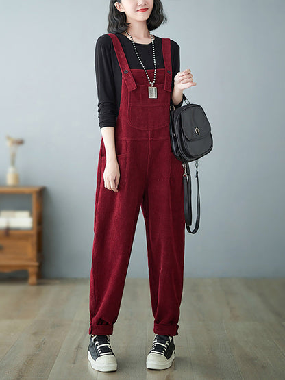 Women Casual Autumn Solid Corduroy Loose Jumpsuits AH1009