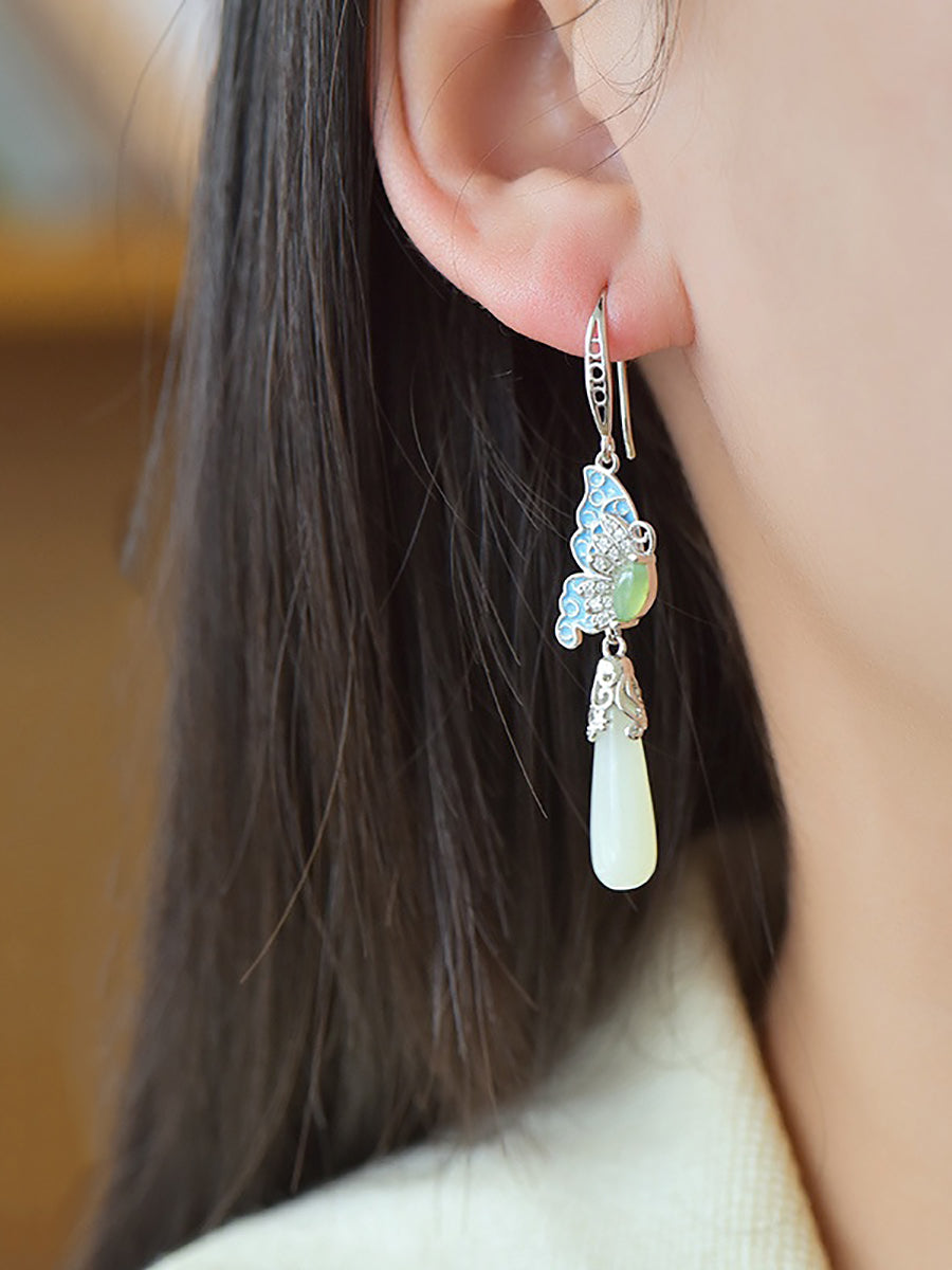 Butterfly Ethnic Enamel Earrings Women Jade S925Silver