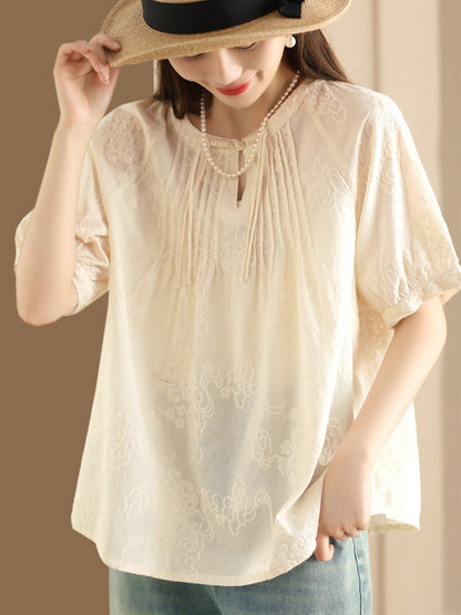 Women Artsy Solid Jacquard Shirred Cotton Loose Shirt XX1018