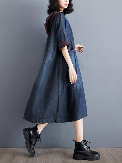 Women Summer Casual Spliced Denim Hooded Dress WE1034