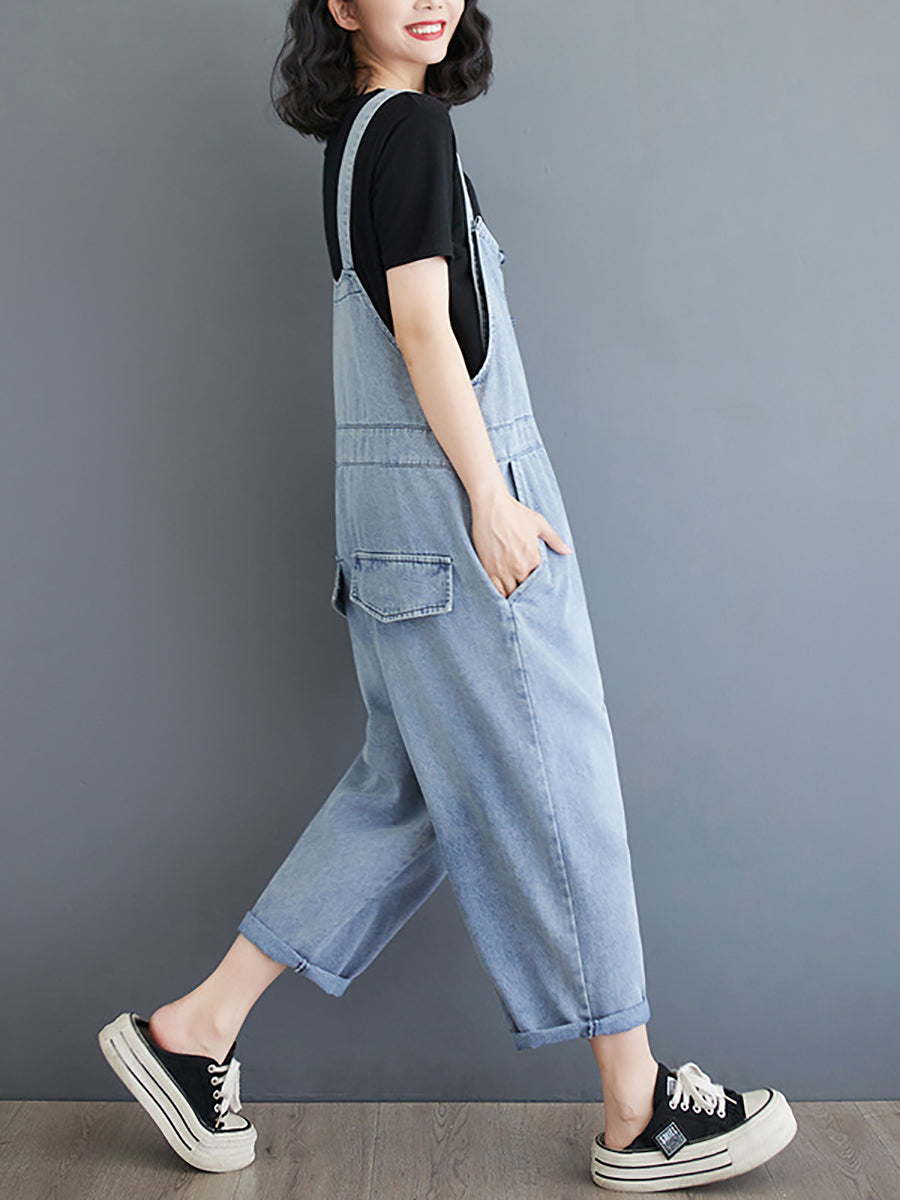 Damen Sommer Casual Solide Denim Geraffte Overalls AT1032 