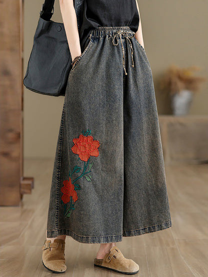 Women Summer Vintage Flower Denim Wide-leg Pants OP1010