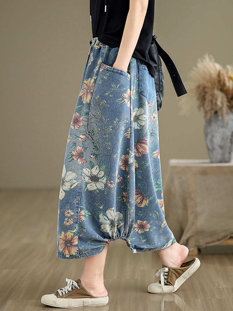 Women Summer Casual Flower Spliced Denim Skirt XX1027