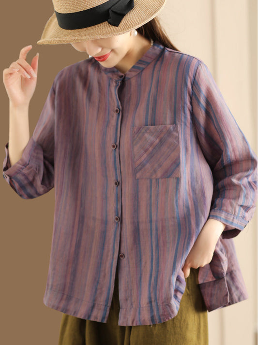 Women Spring Vintage Stripe Button-Up Blouse CO1007