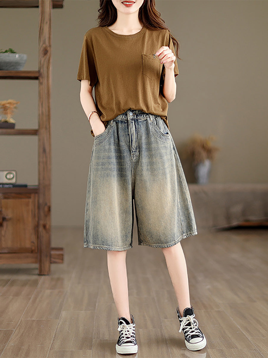 Women Summer Worn Denim Wide-leg Fifth Pants CC037