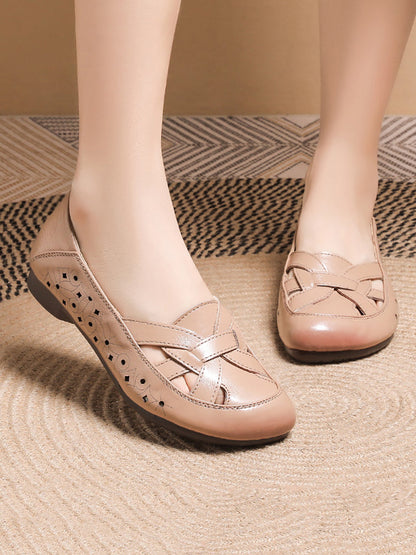 Women Summer Casual Leather Cutout Soft Flat Shoes AS1017