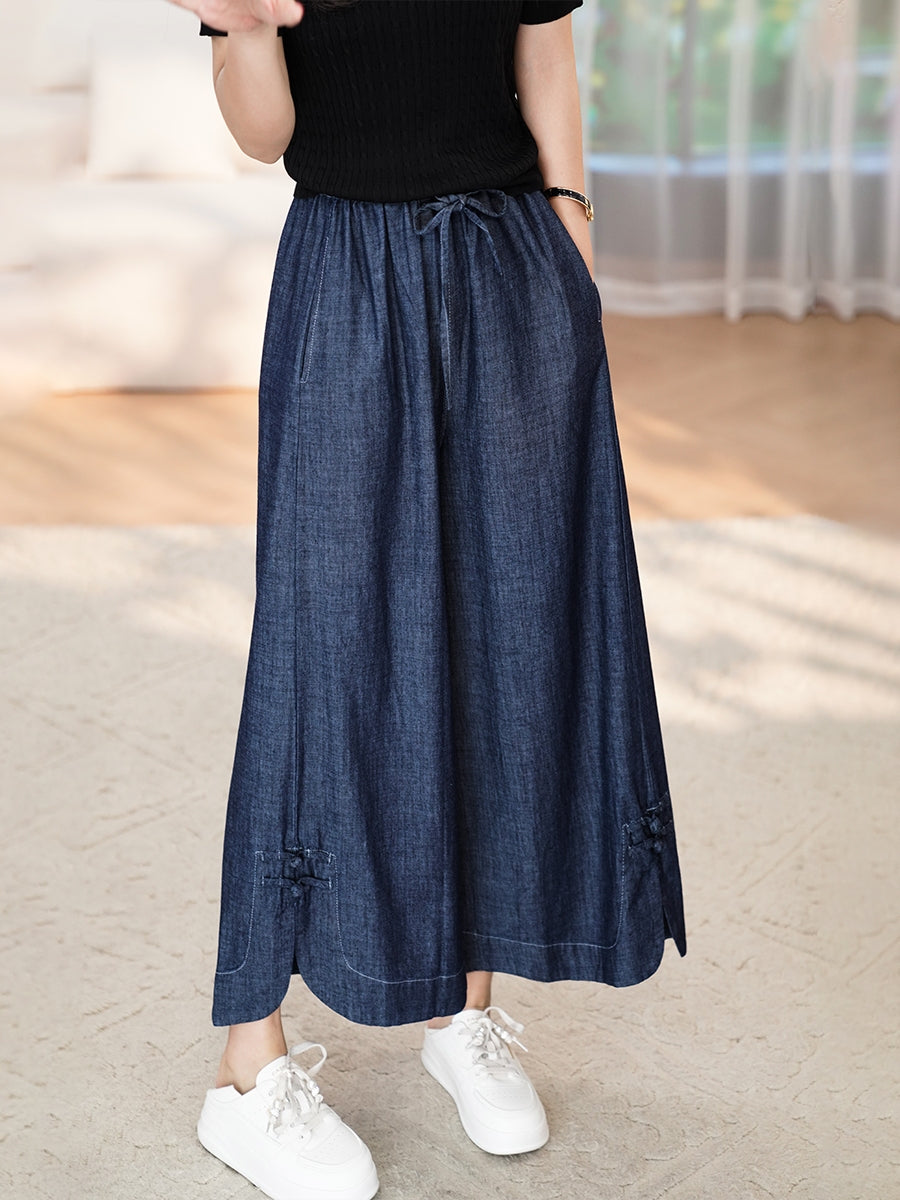 Women Summer Vintage Buckle Wide-leg Denim Pants CX031