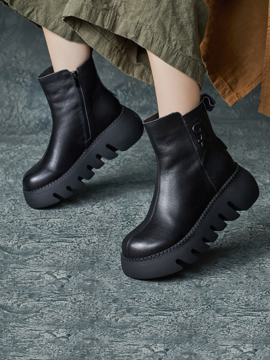 Women Retro Genuine Leather Platform Boots QM017