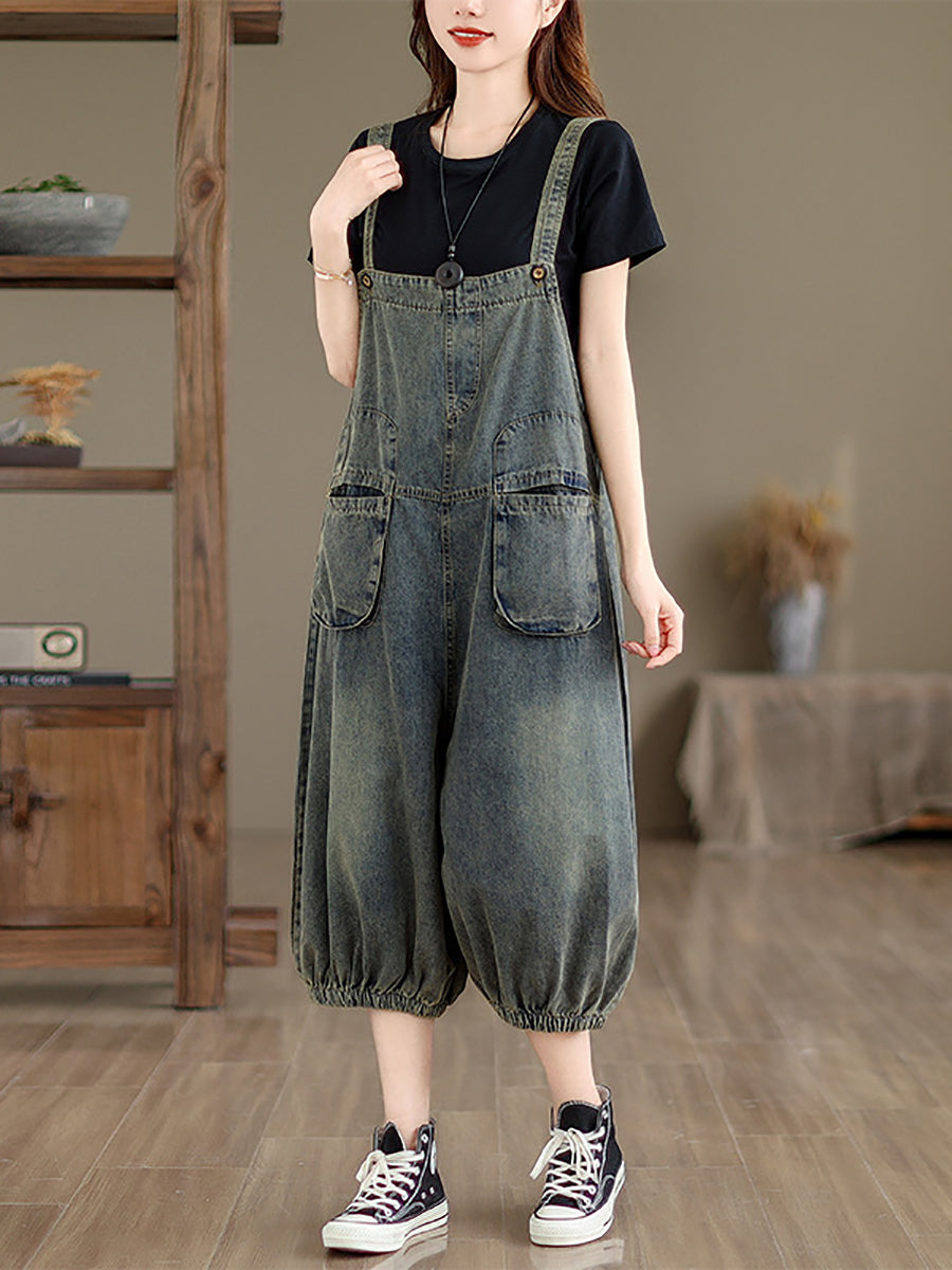 Women Retro Summer Solid Pocket Denim Jumpsuits FG1035