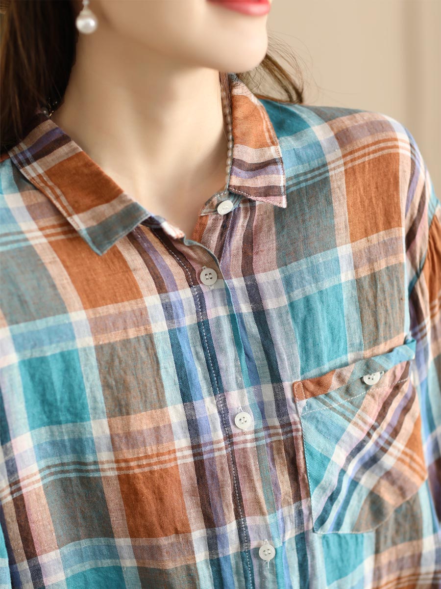 Women Vintage Plaid Summer Ramie Button-up Shirt SC1016