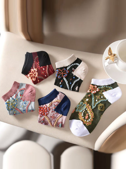 5 Pairs Women Summer Flower Jacquard Short Socks KL1039