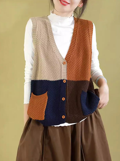 Women Autumn Colorblock Knitted V-Neck Vest CV1029