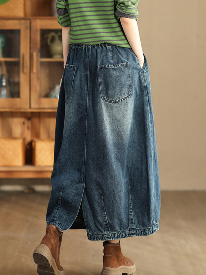 Women Autumn Casual Solid Back Hem Split Denim Skirt AT1005