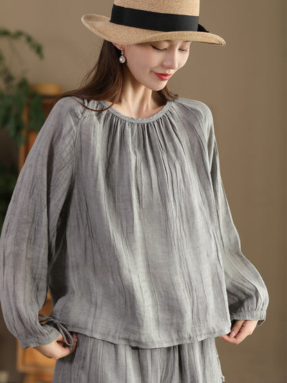 Women Summer Artsy Strap Hem O-Neck Ramie Blouse AS1026