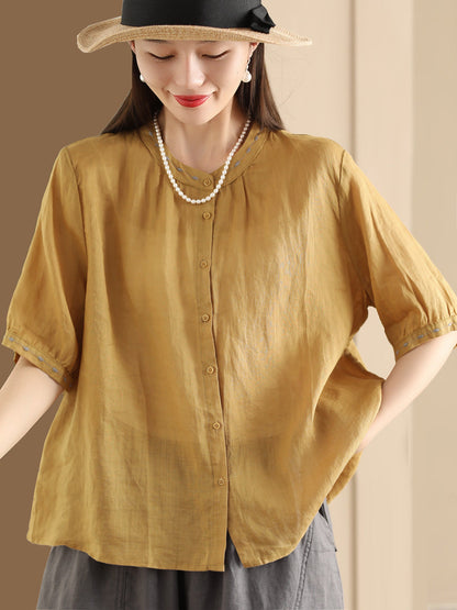 Women Summer O-Neck Embroidery Button-up Ramie Shirt PP1035