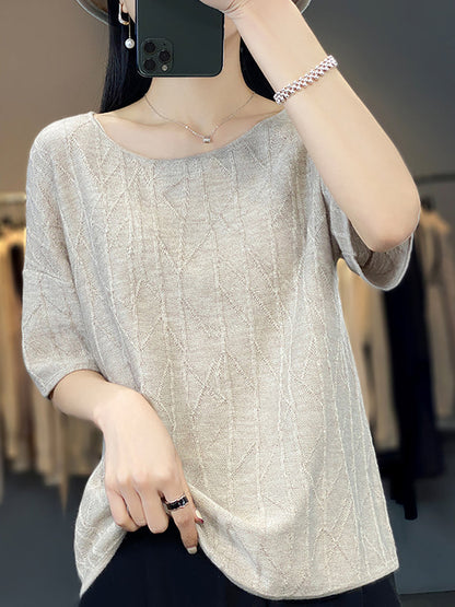 Women Summer Solid Jacquard Loose Half-Sleeve Shirt WE1033