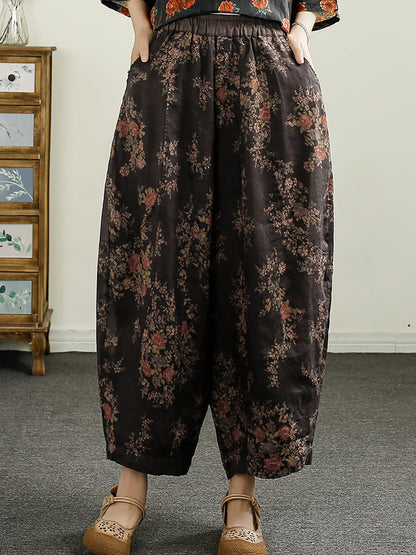 Women Summer Retro Floral Print Ramie Harem Pants CX052