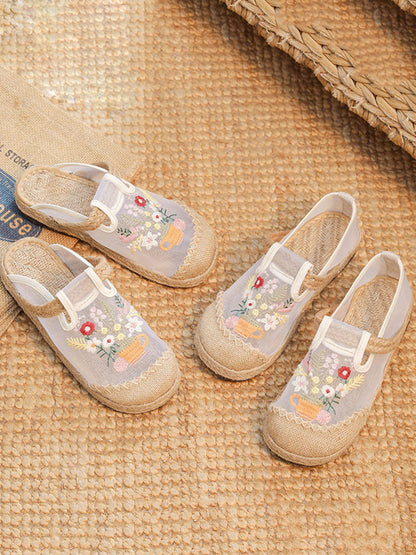 Women Summer Flower Embroidery Linen Spliced Shoes TY1030