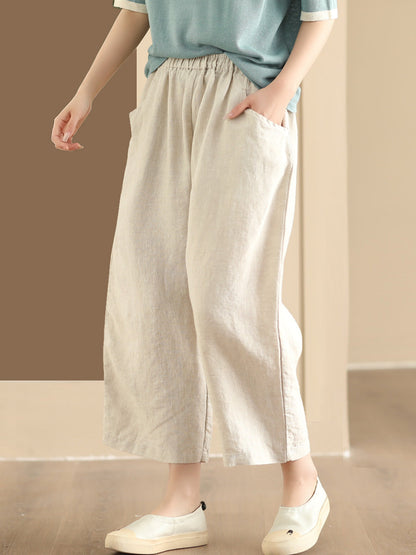 Women Summer Vintage Solid Linen Wide-leg Pants AA1017