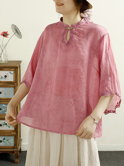 Women Summer Ethnic Floral Embroidery Thin Ramie Shirt HH041