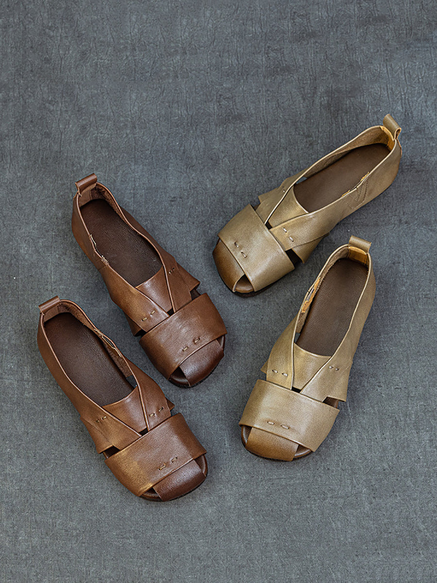 Sandales plates vintage en cuir véritable pour femmes