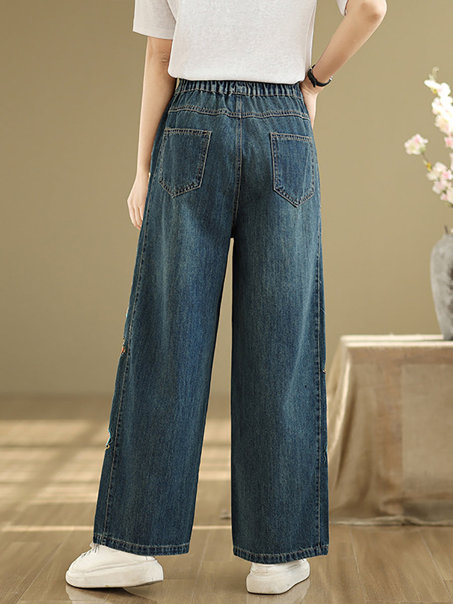 Hosen Stickerei Damen Weites Bein Retro Denim 