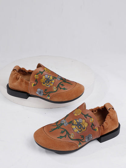 Women Ethnic Autumn Embroidery Leather Low Heel Shoes AI1020