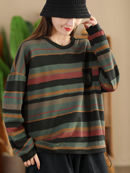 Women Casual Autumn Colorblock Stripe O-Neck Cotton Sweatshirt AI1027