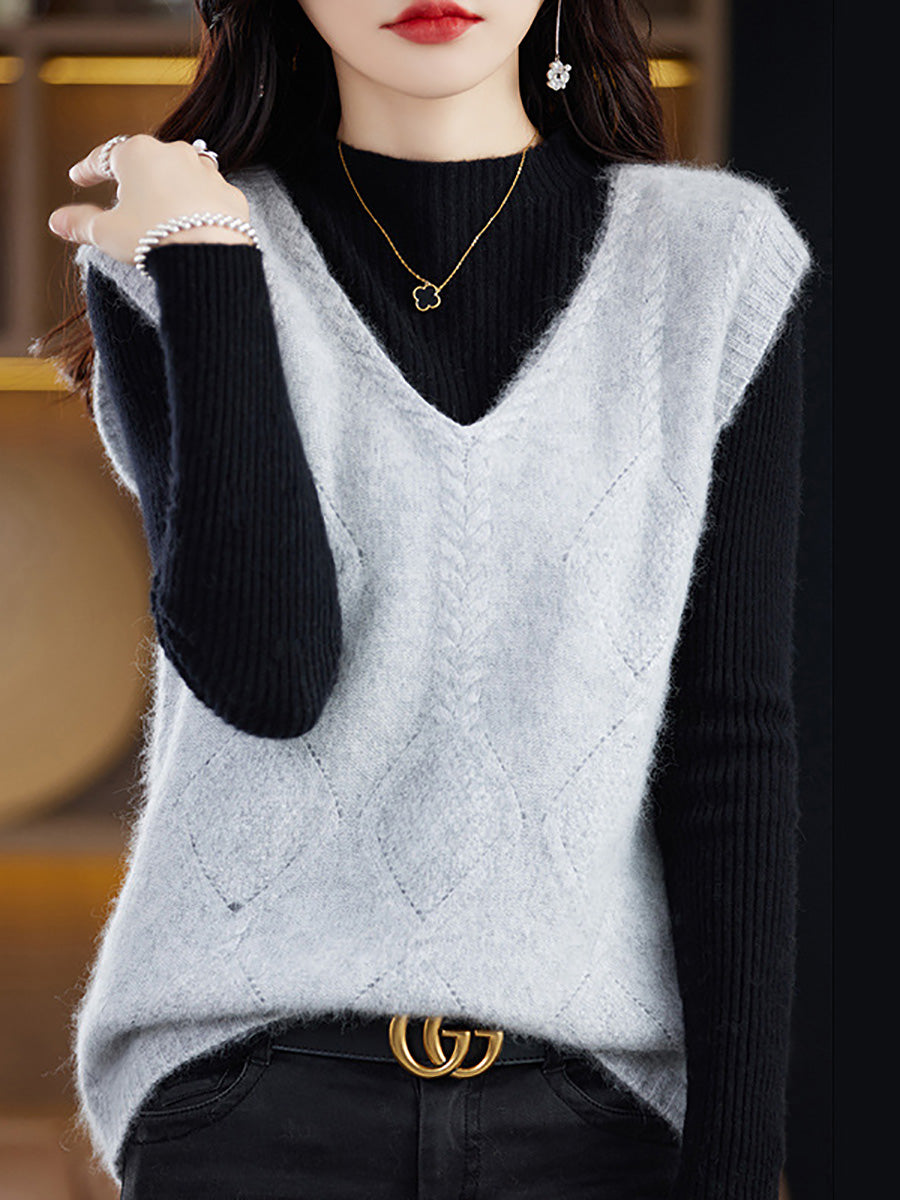 Women Casual Wool V-Neck Twist Knit Vest BA1045