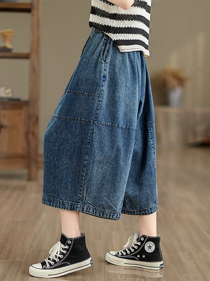 Women Summer Casual Solid Denim Spliced Wide-leg Pants PP1002