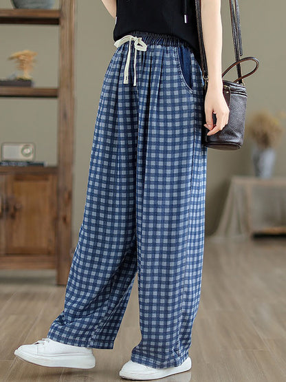 Women Summer Casual Plaid Wide-leg Cotton Pants OP1028