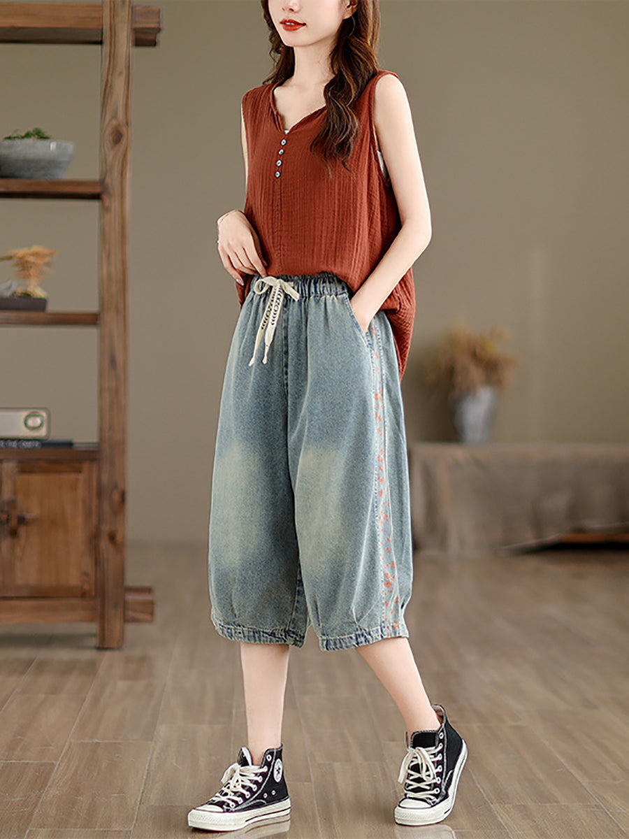 Women Summer Spliced Washed Denim Knee Length Pants OP1039