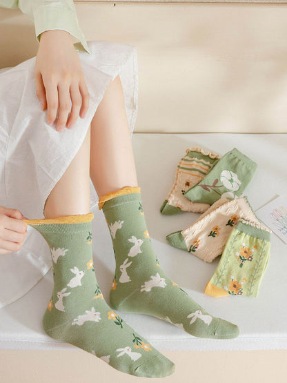 5 Pairs Women Artsy Flower Green Mid-Calf Socks IO1011