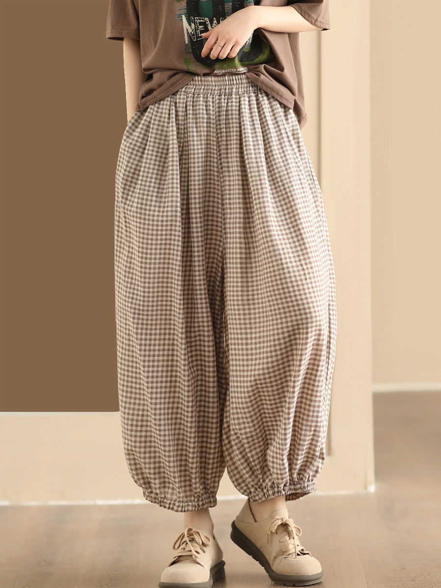 Women Summer Vintage Plaid Cotton Harem Pants ZZ1046