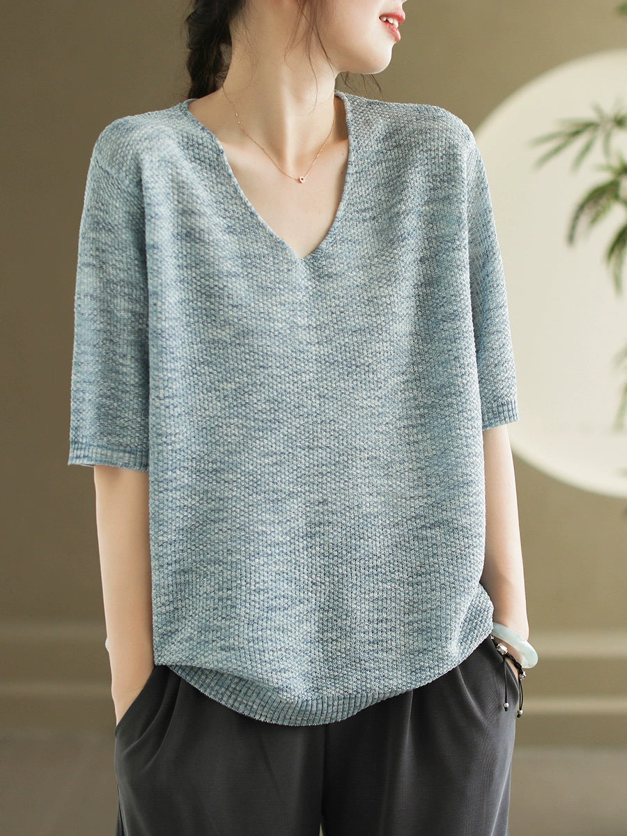 Women Summer Casual Knitted Linen V-Neck Shirt WE1029