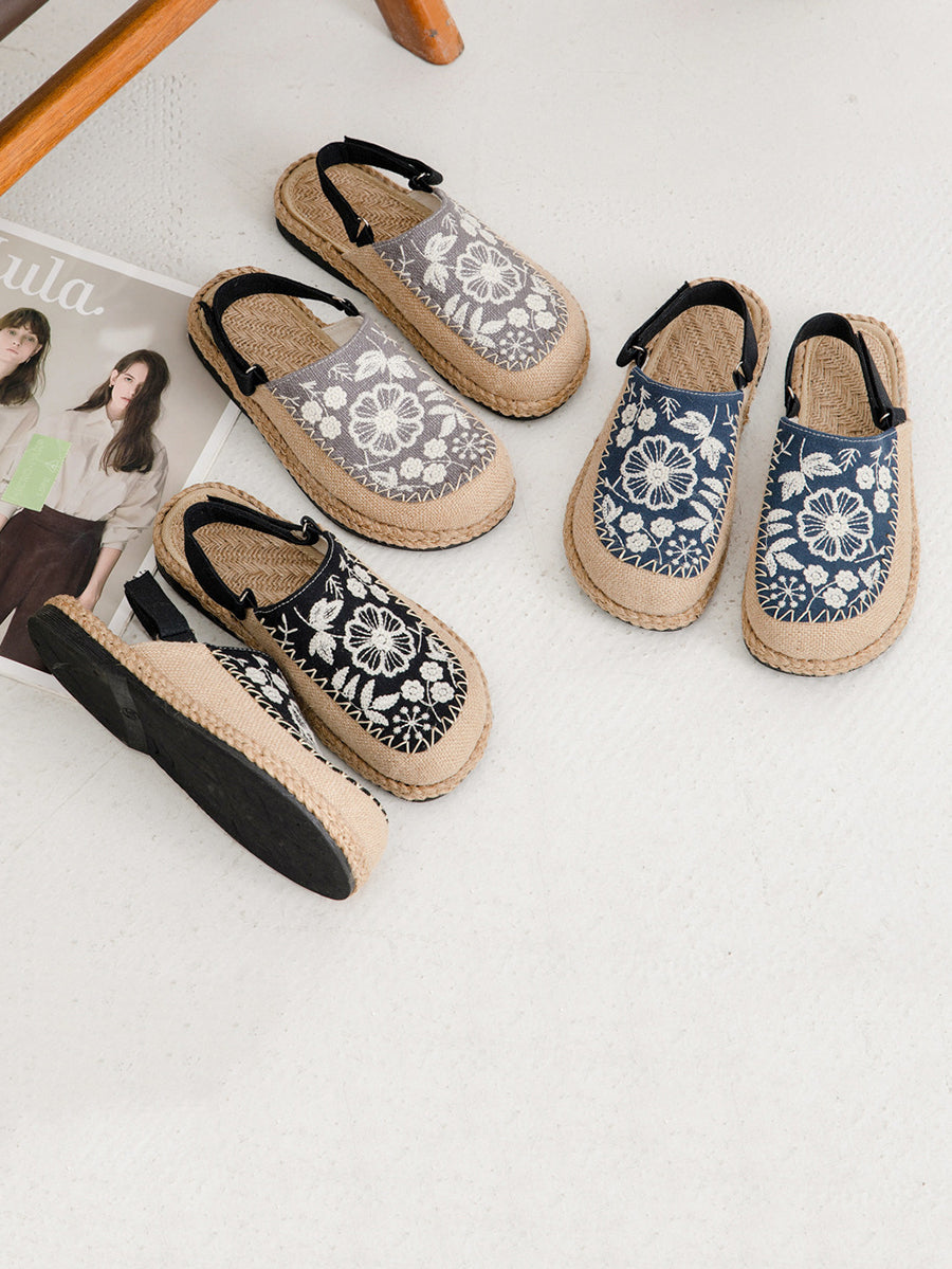 Sandales pour femmes en lin brodées de fleurs ethniques