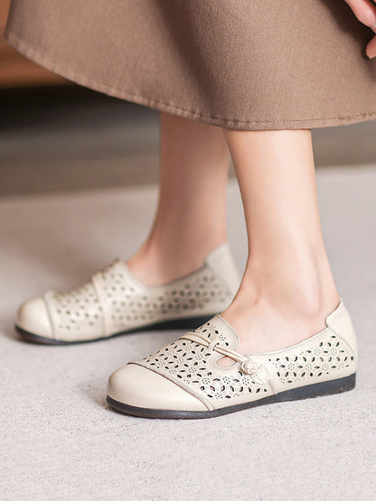 Women Summer Vintage Leather Cutout Soft Flat Shoes ZZ1002