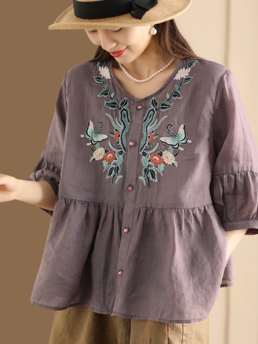 Chemise d'été en ramie avec broderies de fleurs ethniques pour femmes QW1015