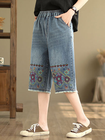 Women Summer Embroidery Knee-Length Denim Pants IO1023